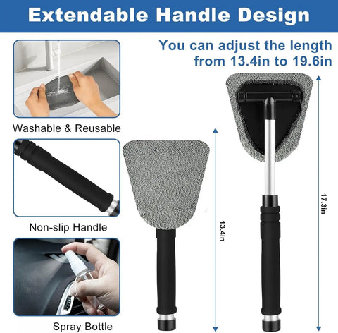 Windshield Cleaner Tool And 13 Piece Car Interior Cleaning Kit with extendable handle and microfiber pad shown with measurements.