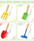 8 Piece Kids Garden Tool Set with Real Wood Handles and Steel Heads showing 4 short tools: rake, flat shovel, pointed shovel, and hoe.