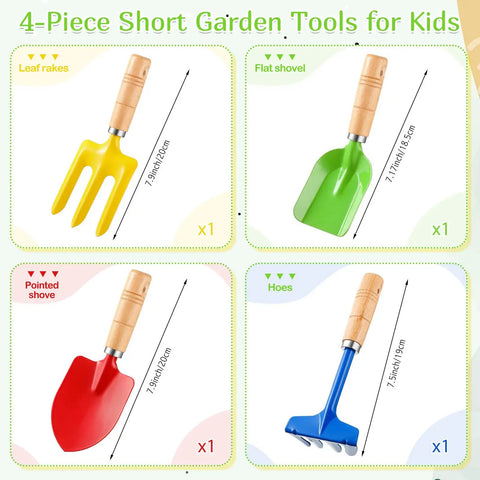 8 Piece Kids Garden Tool Set with Real Wood Handles and Steel Heads showing 4 short tools: rake, flat shovel, pointed shovel, and hoe.