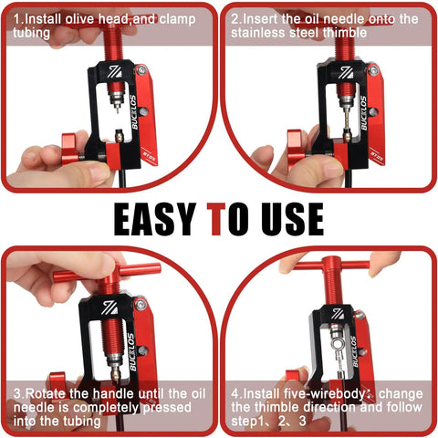 Infographic showing steps to use 2 In 1 Bike Brake Hydraulic Needle Driver And Hose Fitting Insert Tool For MTB And Road Bikes