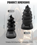 Product dimensions of 30-piece rubber tire plugs with a car wheel background, showing two sizes for emergency puncture repair.