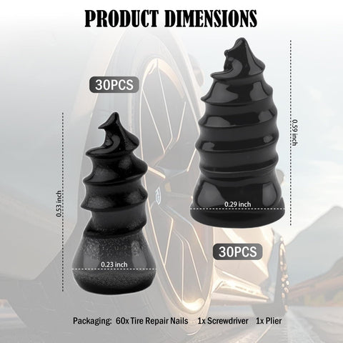 Product dimensions of 30-piece rubber tire plugs with a car wheel background, showing two sizes for emergency puncture repair.