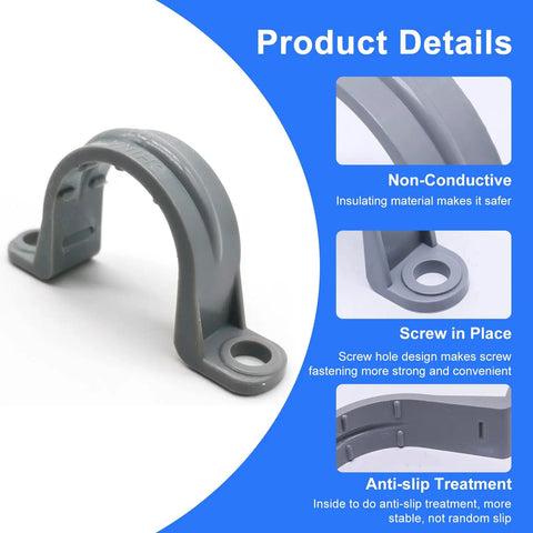Gray Half Inch PVC Pipe Strap Clamp Kit, 2-Hole Conduit Pipe Supports, Ultra-Durable Plastic Mounts For Electrical Wiring, Rust-Resistant
