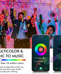 People celebrating under multicolor Smart WiFi Flood Light Bulbs With E26 Base 900 Lumens 100W Equivalent 10W BR30 LED, music sync feature shown on app display