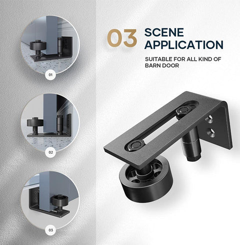 Two Pack Barn Door Floor Guide System With Wall Mount, Eight Setup Options, Adjustable Stay Roller, Black Finish