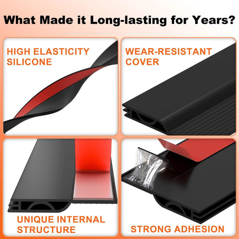 Door draft stopper/door sweep, black with red silicone core and adhesive backing; 39 inches long.