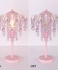 Dope Modern Table Lamp With Chrome Metal And Clear Crystal Shade For Bedroom, Living Room Or Office, lit and unlit view.