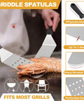 Five Piece Griddle Tools Set For Cast Iron And Flat Top Griddles, Heavy Duty Stainless Steel Spatulas shown lifting shrimp on grill
