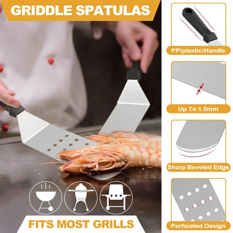 Five Piece Griddle Tools Set For Cast Iron And Flat Top Griddles, Heavy Duty Stainless Steel Spatulas shown lifting shrimp on grill