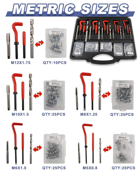 Pro Grade 263 Piece Helicoil Thread Repair Kit For SAE And Metric Threads With HSS Drill Restorer kit showing taps and tools