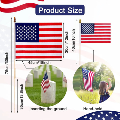 Diagram showing dimensions of 12x18 Inch American Flags Pack Of 12 With Spear Top On Sticks For Memorial Day And Fourth Of July Outdoor Decor Hand Held Flag Set 30 Inch Pole When Joined Built For Parade Ready Displays, including uses for handheld and ground display.
