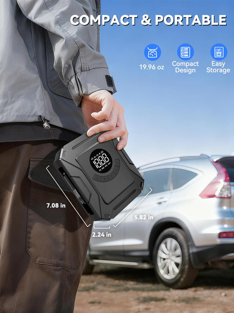 Person holding Portable Tire Inflator Air Compressor With 150 PSI Fast Inflation No Battery Needed 12V DC Car Adapter