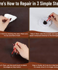 Guide showing how to use black leather repair kit for furniture sofas jackets and car interiors with step-by-step images.