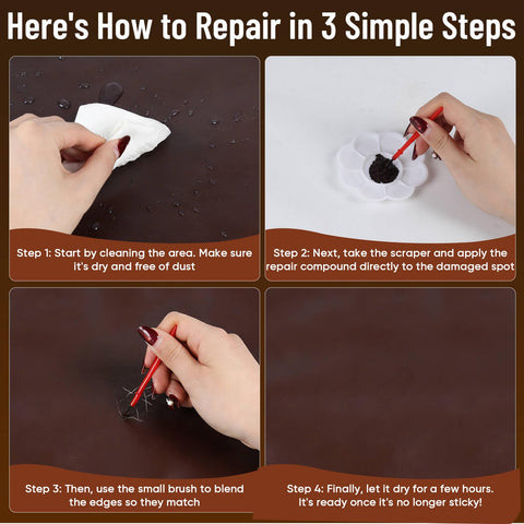 Guide showing how to use black leather repair kit for furniture sofas jackets and car interiors with step-by-step images.