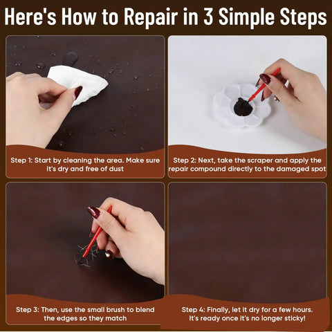 Dark Brown Leather Repair Kit For Furniture And Car Interiors Fixes Faux Leather And Vinyl Tears Scratches Holes Peeling No Sweat Do It Yourself Repair With All Tools demonstration of repair steps.
