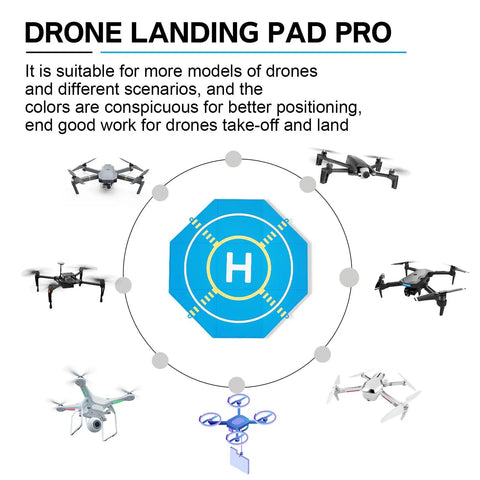 Illustration showing On The Go Foldable Night Vision Drone Landing Pad 20 Inch Double Sided Waterproof Helipad surrounded by RC drones.