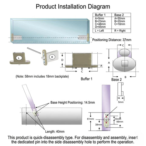 Installation diagram for Soft Close Drop Down Vanity Hinge With Quick Release; shows positioning, buffer details, and dimensions.