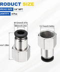 Four Pack Push To Connect Fittings For 0.24 Inch Tubing One Quarter Inch NPT Nickel Plated Brass Straight Pneumatic Female Adapters Quick Connect Air Line Fittings For Pneumatic Systems Black showing size dimensions on white background