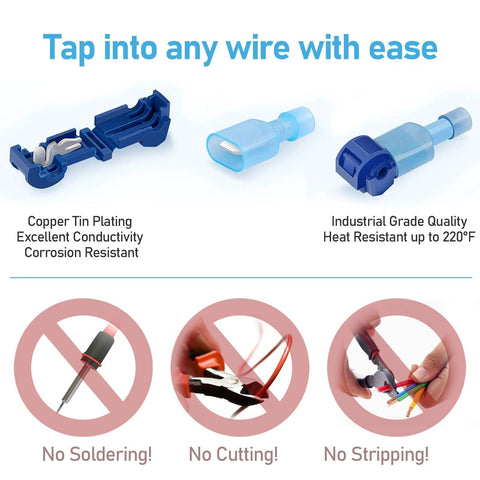 120-piece blue T-Tap wire connectors set with storage case; copper tin plating for corrosion resistance