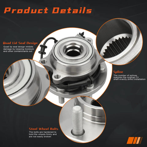 Close-up of Front Wheel Hub And Bearing Assembly 6 Lug With Abs For Nissan Frontier Pathfinder Xterra Equator 4WD 4X4 Fits 2005 2019 showing quad lid seal design, spline, and steel wheel bolts.