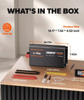Beefed Up 2000W Pure Sine Wave Inverter with Remote Control and accessories displayed on a table, dimensions and weight shown.