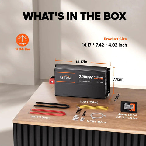 Beefed Up 2000W Pure Sine Wave Inverter with Remote Control and accessories displayed on a table, dimensions and weight shown.