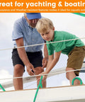 Child and adult using Three Eighths Inch Diamond Braided Polypropylene Rope Fifty Feet With Five Hundred Pound Load Capacity All Weather UV Resistant Utility Cord For Camping, DIY Projects, Handy Tie Downs And Outdoor Use on a boat.