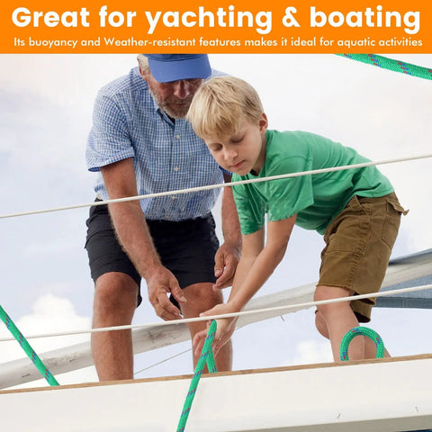 Child and adult using Three Eighths Inch Diamond Braided Polypropylene Rope Fifty Feet With Five Hundred Pound Load Capacity All Weather UV Resistant Utility Cord For Camping, DIY Projects, Handy Tie Downs And Outdoor Use on a boat.