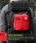 Two red LIVANS 1000D first aid pouches with MOLLE straps mounted on a black tactical backpack (front view).