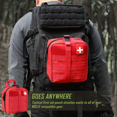 Two red LIVANS 1000D first aid pouches with MOLLE straps mounted on a black tactical backpack (front view).
