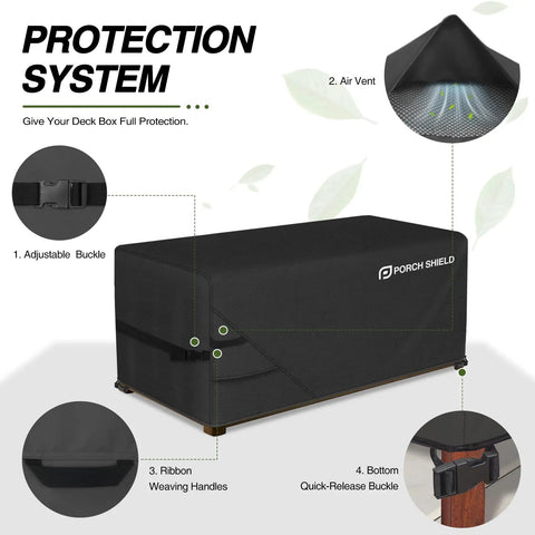 Heavy Duty Outdoor Deck Box Cover For 150 To 230 Gallon Storage 62 Inch Length 29 Inch Width 28 Inch Height Waterproof Tear Resistant 70 Percent Polyester 30 Percent PVC Rectangular Fire Pit Table Cover All Weather Black, shown with air vent, buckle, ribbon handles, quick-release buckle.