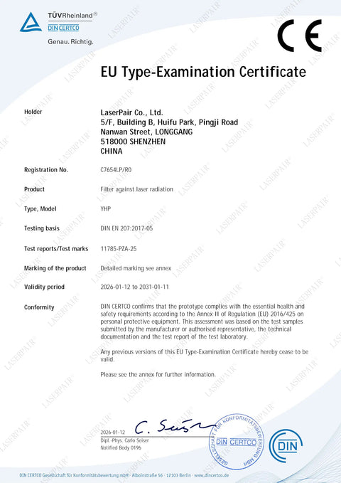 EU Type-Examination Certificate for Professional Laser Engraving Safety Glasses With Badass Eye Protection And Hella Reliable 450Nm 1064Nm Nd Yag Blocking.