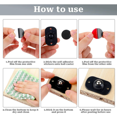 Instructions for installing 16 Pcs Self Adhesive Mini Caster Wheels 360 Degree Swivel Ball Bearing Sliders with adhesive backings