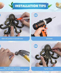 Installation tips for Tough As Nails 2 Pack Octopus Wall Hooks Heavy Duty Cast Iron 5 Arm Design with tools and steps.