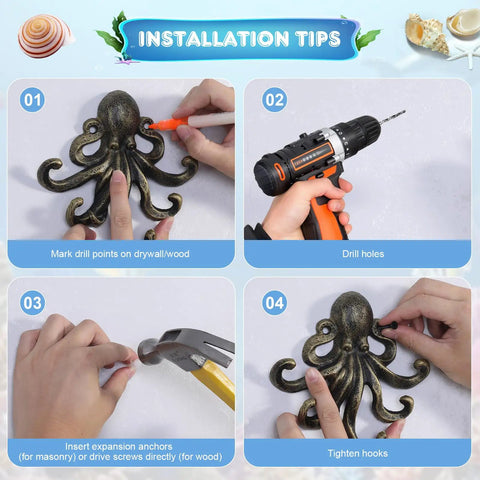 Installation tips for Tough As Nails 2 Pack Octopus Wall Hooks Heavy Duty Cast Iron 5 Arm Design with tools and steps.
