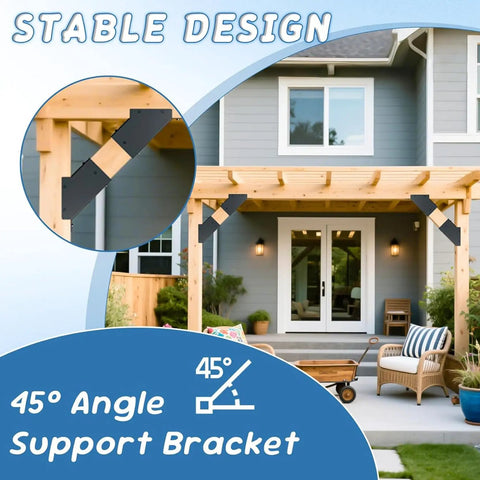 Heavy Duty 45 Degree Pergola Brackets 8 Piece Set Rock Solid Corner Supports installed on a wooden patio structure