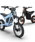 Full Send Electric Dirt Bike Built Around A Mean 2000W Motor And Tough 21Ah Battery Hits 37 Mph Using Three Speed Modes in blue and black.
