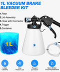Front view of 1L vacuum brake bleeder kit with white bottle, black lid, trigger, clear hose, adapters and hanging hook.