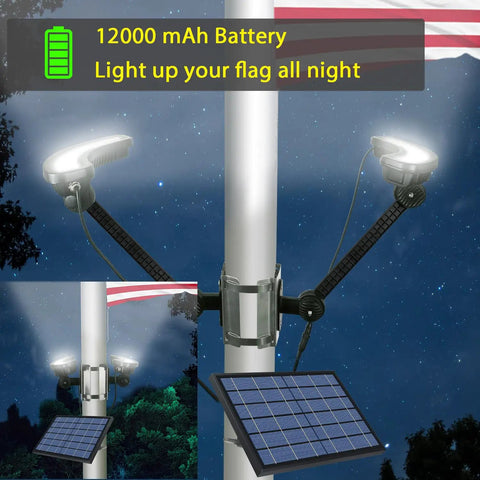 Solar Flag Pole Light With 12000mAh Battery, Ultra Bright 2600 Lumen LED, IP65 Waterproof, Adjustable Clamp, Solar Panel