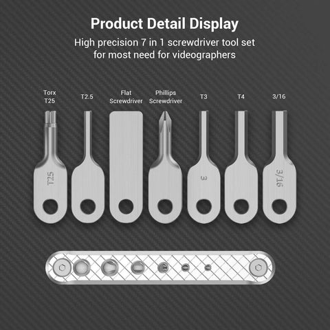 Compact Seven Tool Folding Set With Screwdrivers And Hex Keys For Photographers On The Go displaying seven precision tips