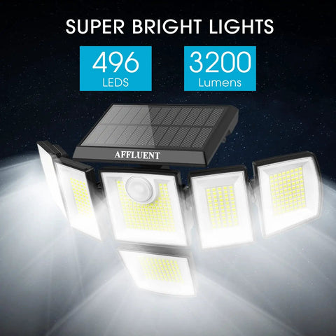 Image of 6 Head Solar Motion Sensor Flood Light Outdoor Wall Light 3200Lm 496 LEDs 3 Modes IP65 Waterproof 360 Degree Illumination