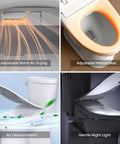 Electric Bidet Seat With Auto Open And Close Lid For Elongated Toilets showing features like air drying, heated seat, and night light.