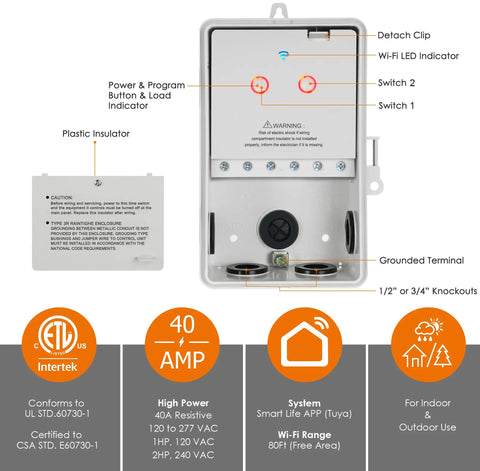 Beast Dual WiFi Pool Timer With Independent 120/277V Switches, showing control panel layout and installation features.
