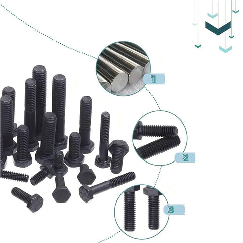 240Pcs Grade 8 Hex Bolts Nuts Washers Assortment Kit With SAE Coarse Thread Black Oxide Fasteners Set For DIY Projects And Auto Repair Durable Precise Thread Design Rugged Ready To Use Hardware Gearhead Approved. Black Grade 8 hex bolts close-up