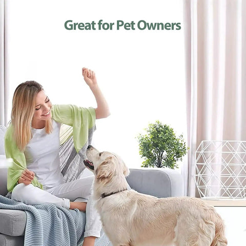 Woman with dog indoors, promoting True High Efficiency Air Filter Replacement That Matches Original Performance At Half The Cost