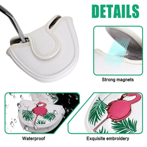 Flamingo Dance Mallet Putter Headcover With Magnetic Closure Eco Friendly Synthetic Leather White Wood Look Details