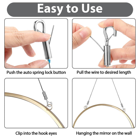 Instructions showing how to use the Eight Piece Adjustable Picture Hanging Wire Kit With 6.6Ft Heavy Duty Stainless Steel Rope for wall hangings.