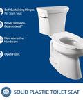 Heavy Duty Commercial Open Front Plastic Toilet Seat With Stay Tite Fastening System No Slam Quiet Elongated White Secure Install Made In USA Without Lid Durable Stainless Hardware shown with toilet