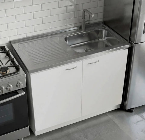 Utility Sink Base Cabinet With Integrated Stainless Steel Countertop Freestanding Cabinet With Double Doors And Built In Sink