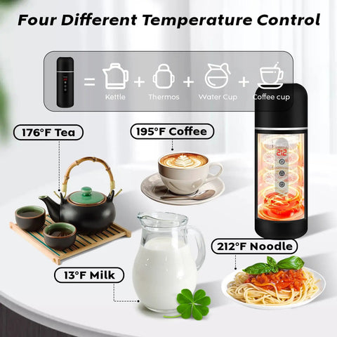 Road Trip Ready Car Kettle With 12V/24V Power Portable Hot Water Boiler showing temperature control options for tea, coffee, milk, noodles.